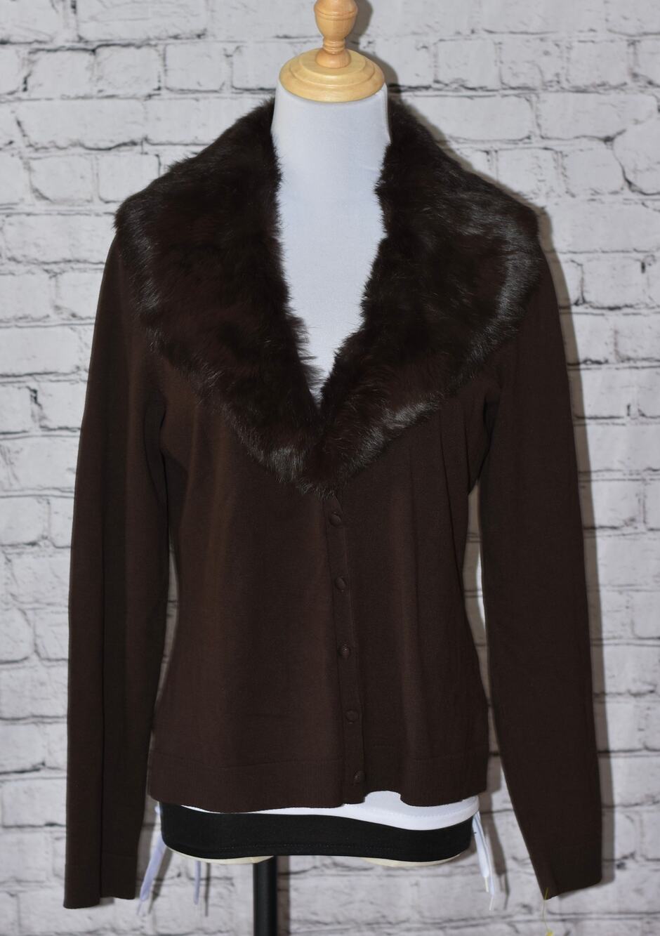 NYGARD Collection Brown Rabbit Fur Collar Silk-blend Cadigan Sweater Size 10/12